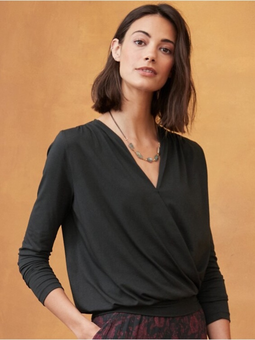 Garnet Hill Blouson Surplice Knit Top Women XS Black